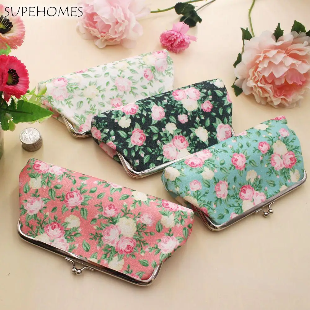 Women Ladies Floral Card Holder Handbags Kiss Clasp Lock Clutch Bag Coin Purse Long Wallet Large Purse