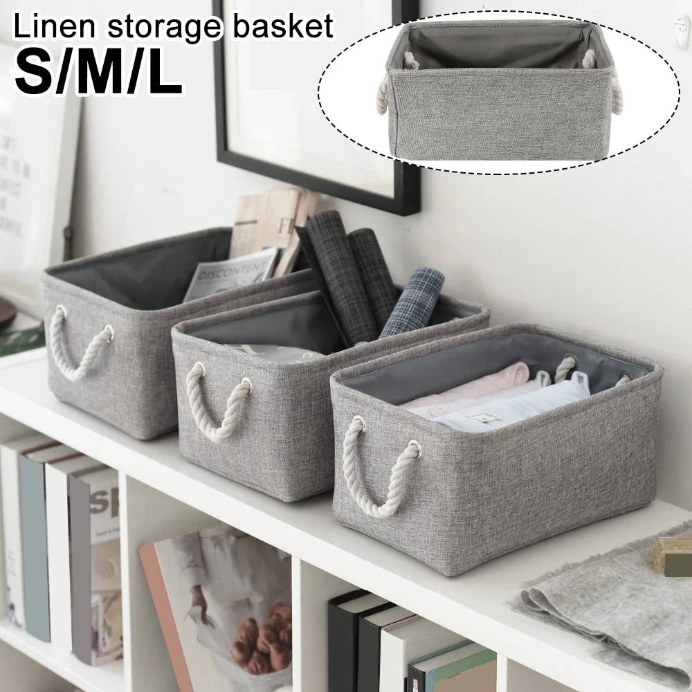 Grey Flax Canvas Folding Storage Baskets for Kids Toys and Laundry