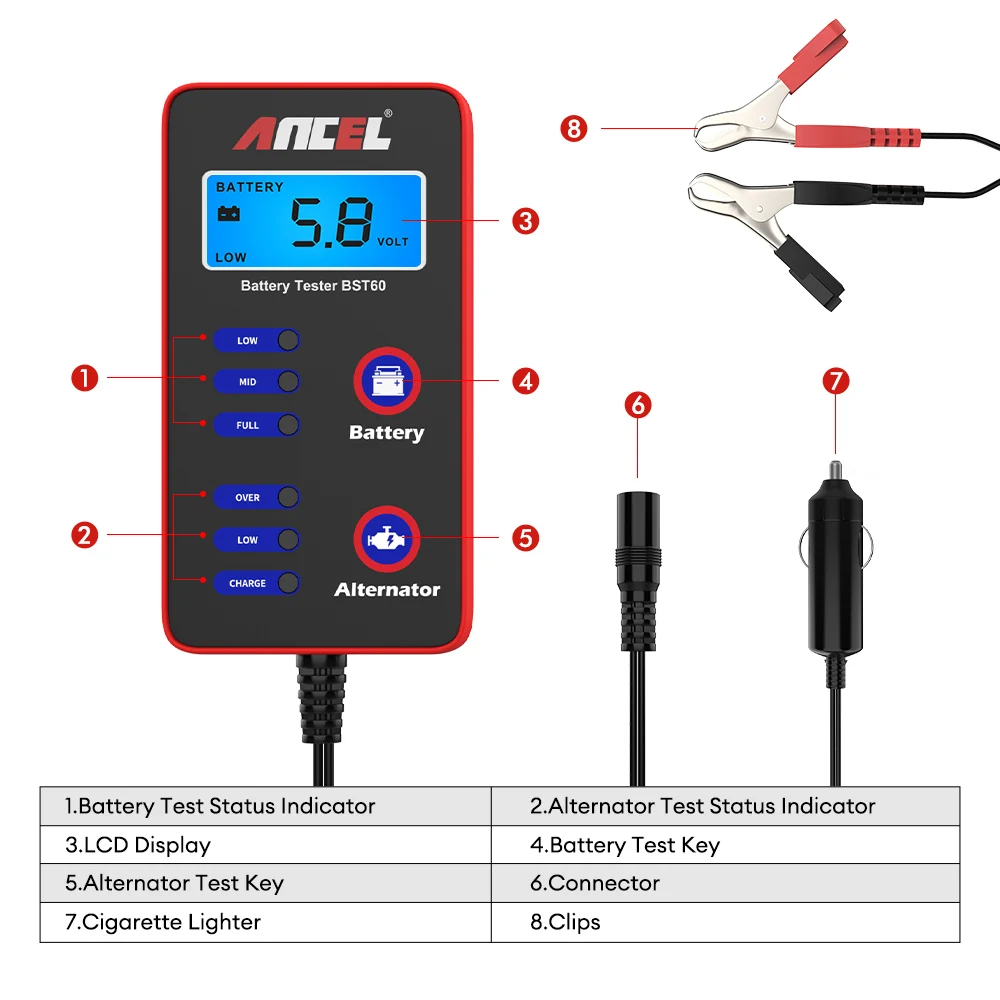 12V Digital Car Battery Tester Battery Condition Tester Alternator Charging System Analyzer Test with Cigarette Lighter