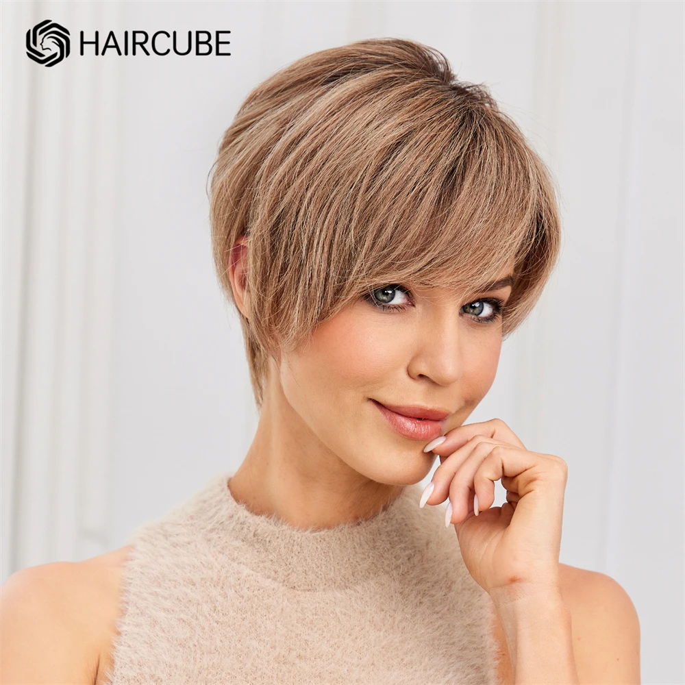 Short Pixie Cut Human Hair Wigs Lace Front Straight Bob Wigs with Bangs Brown Layered Remy Human Hair for Women Transparent Lace human hair wig