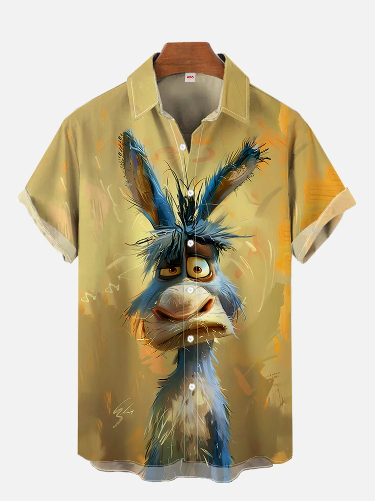 2024 Summer New Funny Animal Bald Pig Print Short Sleeve Shirt Retro Donkey Lamb Fashion Street Men's Lapel Button Shirt 3