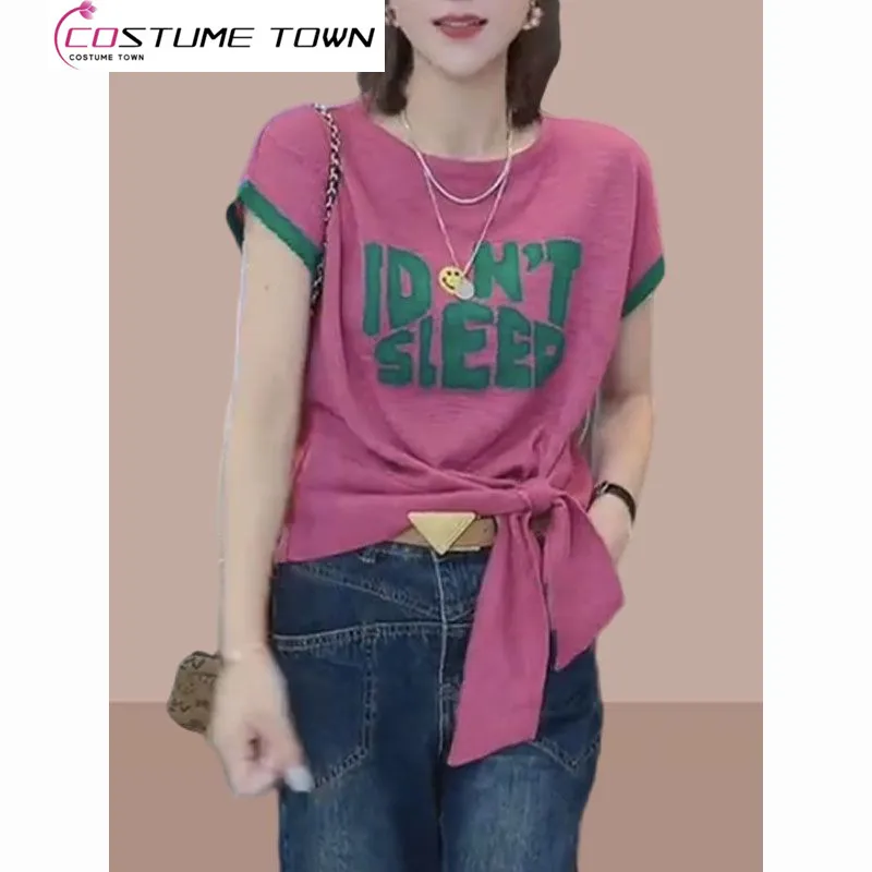 

Casual Round Neck T-shirt 2023 Summer New Loose Letter Irregular Short Sleeve Fashion Style Versatile Short Sleeve