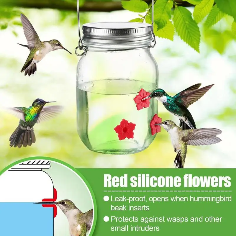 Garden Hummingbird Feeder Small Top Fill Mason Jar With Flower Ports Mason Jar Bird Dish Feeder Garden Decoration For Window And 2