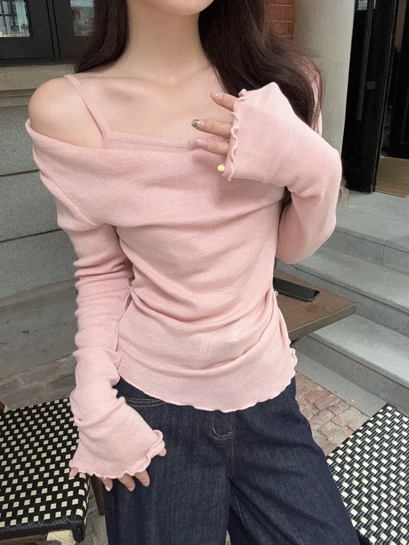 Fake Two-piece Off Shoulder Long Sleeve T-shirt Women's Sexy Slash Neck Flare Sleeve Base Shirt Top Autumn Casual Slim Fit Tops