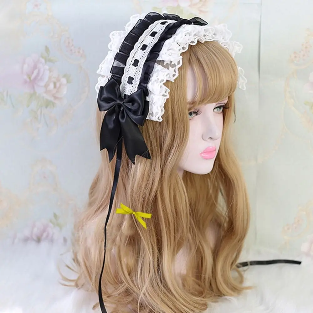 Japanese Style Lolita Ruffled Headband Sweet Star Embroidery Lace Ribbon Bow Hairband With Hairpins Anime Maid Cosplay Headdress versatile punk belt fashionable belt with metal hook buckle tassel chain dark lolita teenage punk waistband accessory women punk