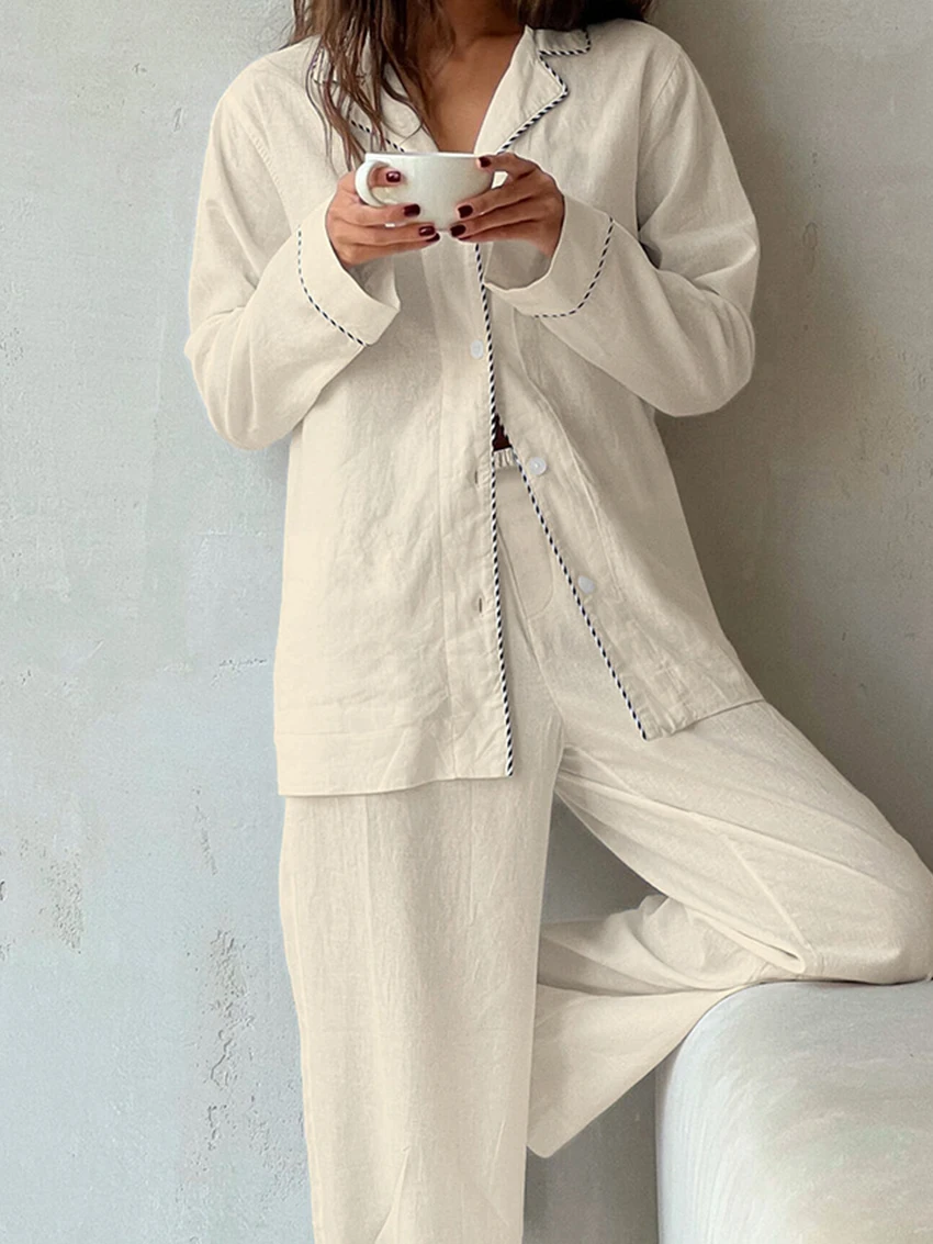 Marthaqiqi Cotton Female Sleepwear 2 Piece Suit Turn-Down Collar Pajamas Long Sleeve Nightgowns Wide Leg Pants Women Nightie Set