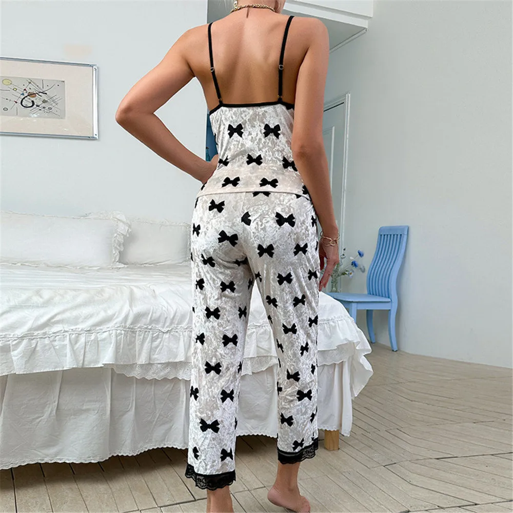 Frauen Sexy Bowknot Print Velour Pyjamas Set Ärmelloses Top Lange Hosen Nachtwäsche Für Frauen Hause Casual Hosenträger Anzug – Detail 4