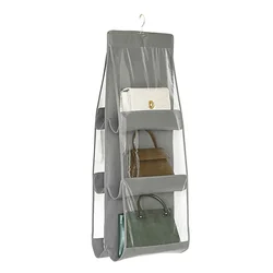 6 - Pocket Hanging Handbag and Accessory Organizer with Transparent Storage Pouches - 36x85cm (Gray)