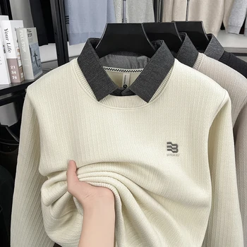 Fake Two Knitted Sweaters Men's 2025 Autumn and Winter with Thick Velvet Trendy Fashion Shirt Collar Bottom Shirt