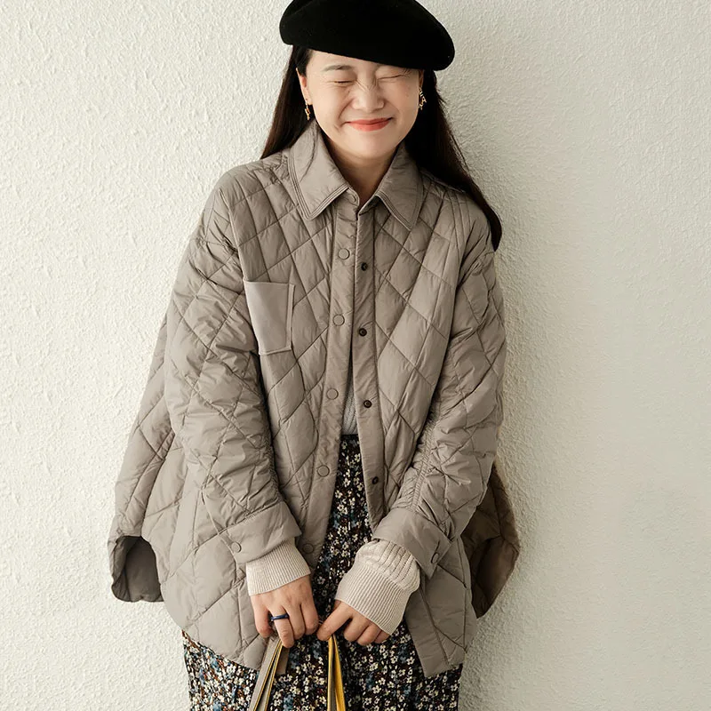 

Shirt collar silhouette down jacket for women's mid length, lightweight and loose fitting, slimming and artistic 90 down lapel