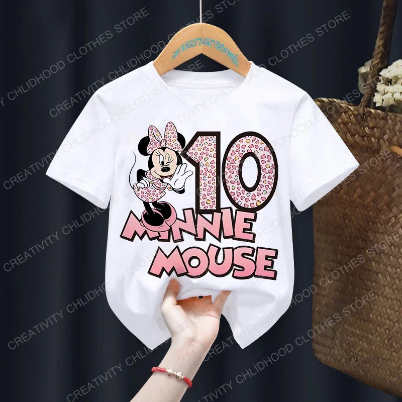 Summer Minnie Mouse Children T-shirt Kawaii Number 1-12 Disney T Shirts Anime Cartoons Casual Clothes Kid Girl Boy Top Tee Shirt