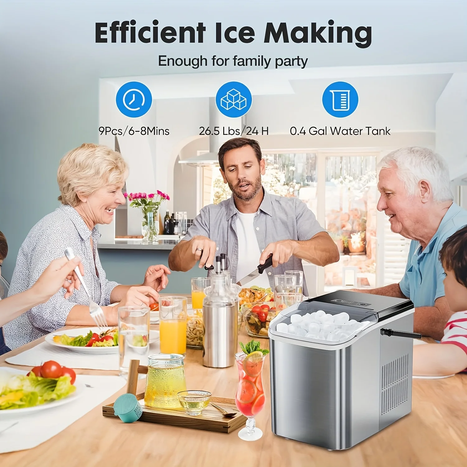 

Ice Maker For Restaurant Countertop - Creates 9 lceCubes In 6 Mins, Produces 26lbs lce In 24Hrs, Compact PortableSelf-Cleaning