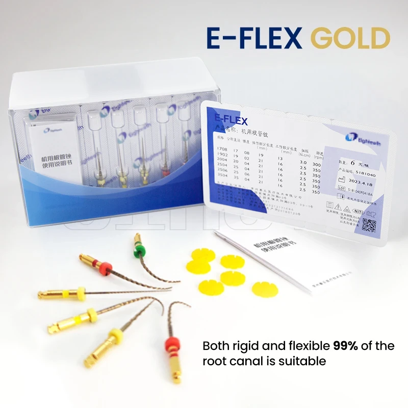 

E-FLEX GOLD, Термообработанная память управления Ni-проволока Ti NiTi, безопасный нережущий наконечник, эффективная подготовка корневого канала для изогнутых каналов
