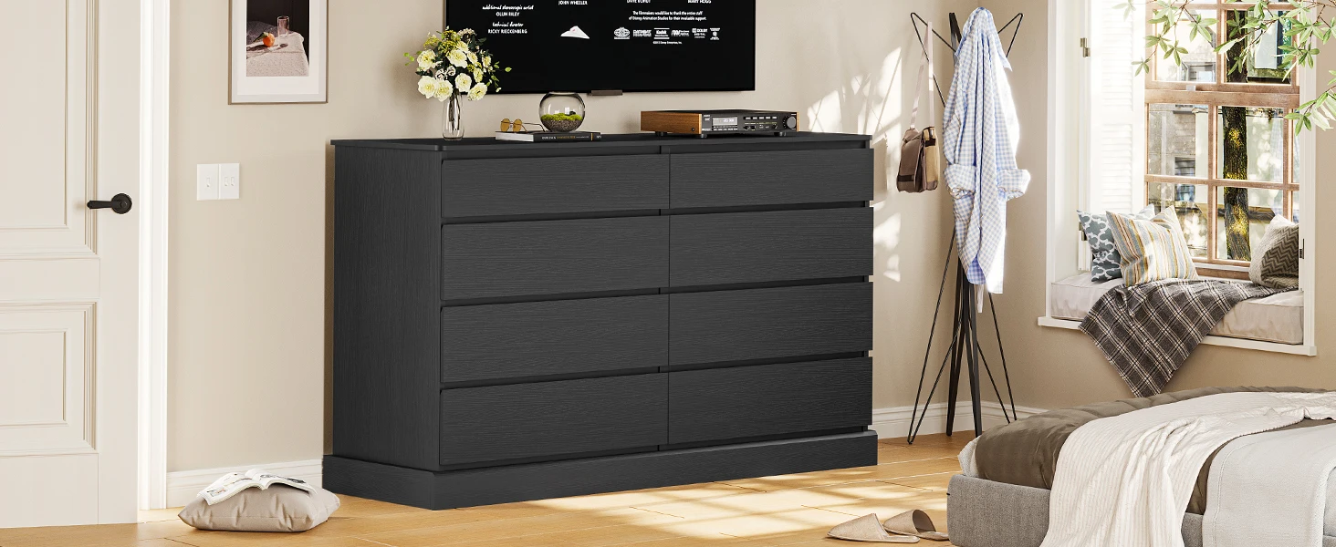 Black Dresser for Bedroom, Long Dresser with 8 Drawers, 51.5''W Wooden Dresser Chest of 8 Drawers, Clothing Storage Cabinet