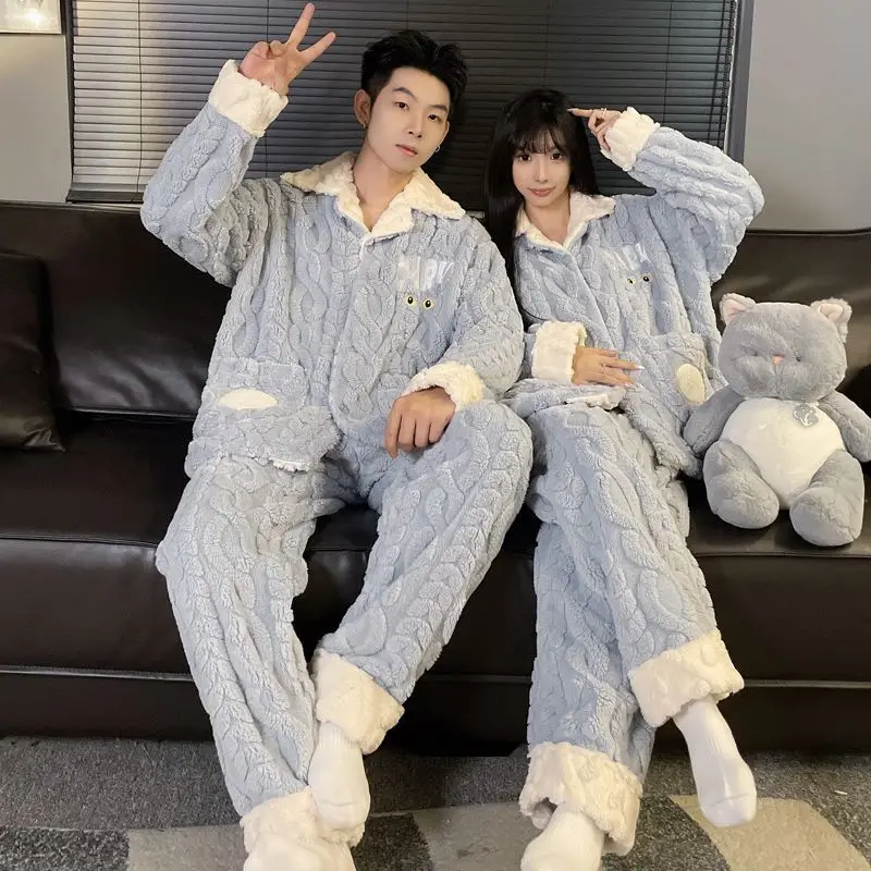 Couple Pajamas for Men Fleece Winter Sleepwear Korean Sleeping Night Wear Patchwork Pijama 2 Pcs Pant Sets Warm Pocket Home Suit
