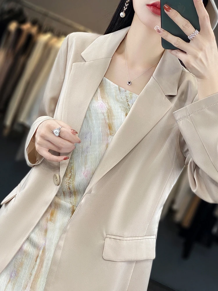 Spring and Autumn Upscale Latest Women's Temperament Solid Color Acetate Satin Smooth Fabric High Grade Fashion Suit Top