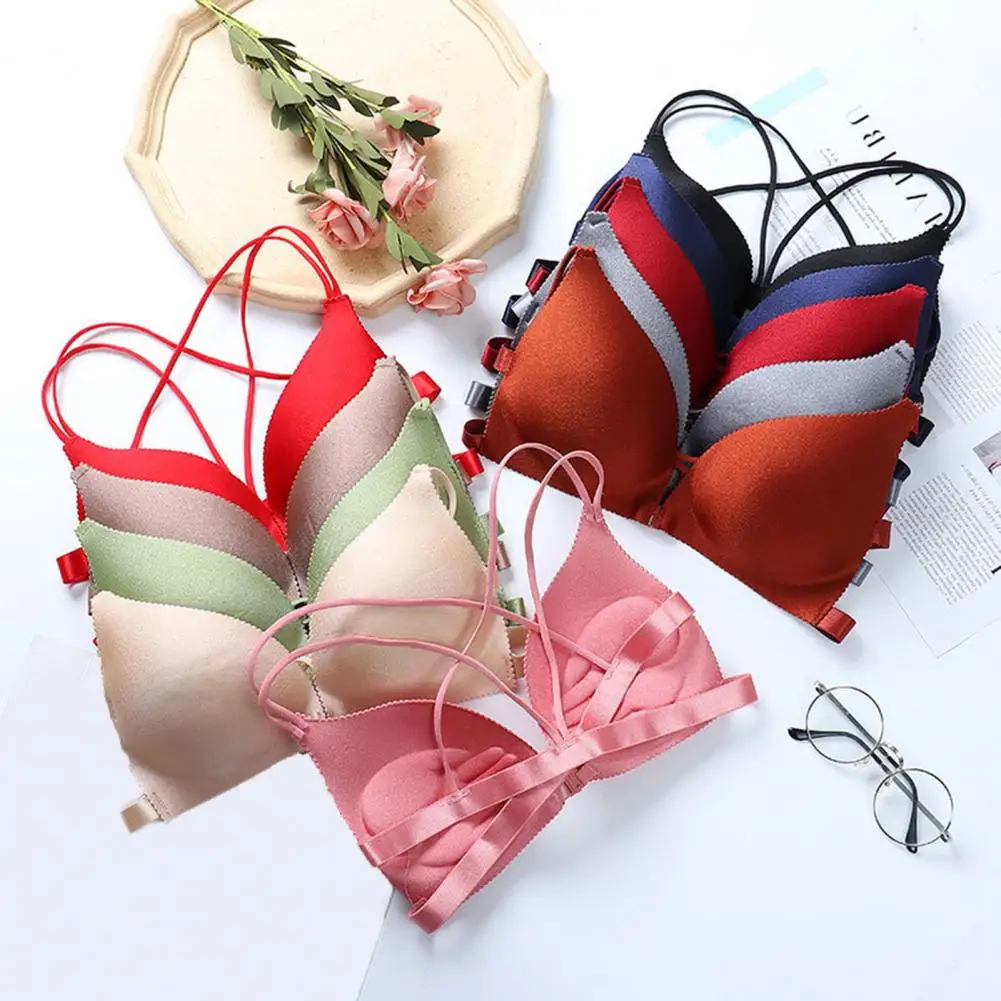 

Women Bra Seamless Padded Breast Support No Wire Spaghetti Strap Cross Back Solid Color Soft Breathable Adjustable Elastic Push