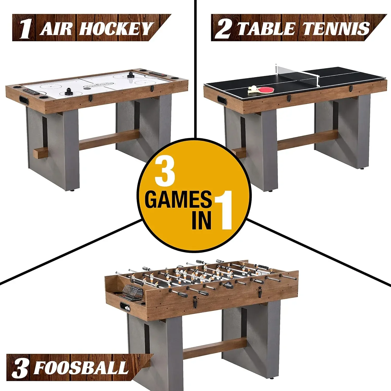 3-in-1 Combination Game Table 54&rdquo;, Foosball, Air-Powered Hockey and Table Tennis Combo Table, Multi Game