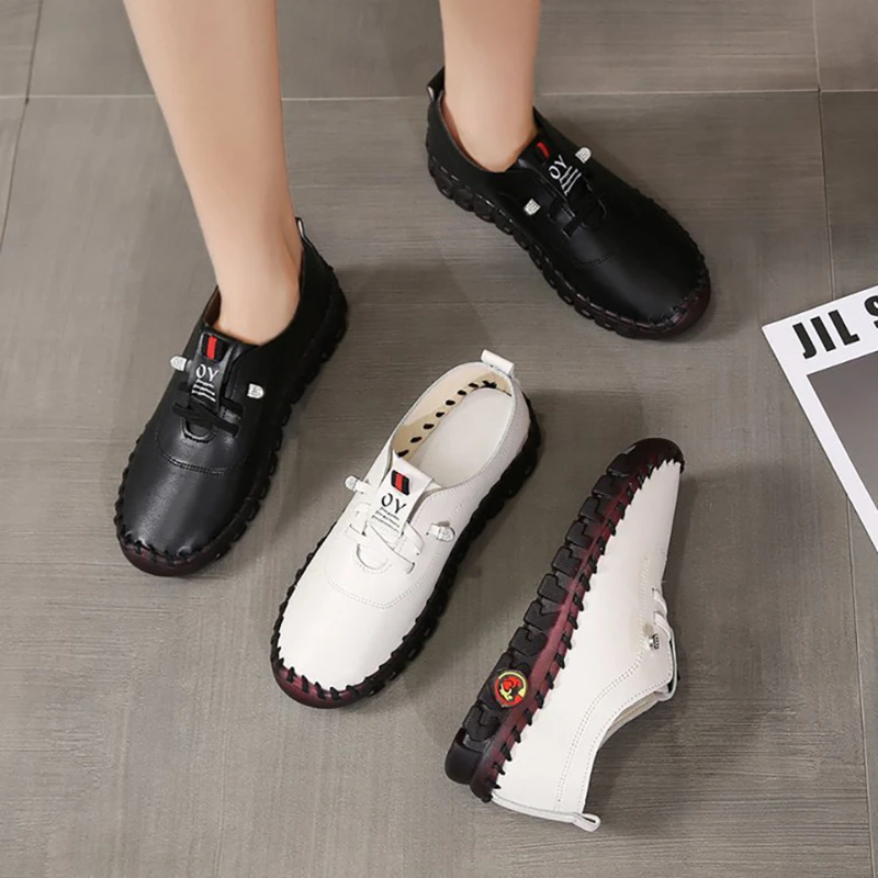 Women Sneakers Women Large Size 35-43 Yard PU Leather Sports Shoes Running Shoes Flat Bottom Elastic Straps