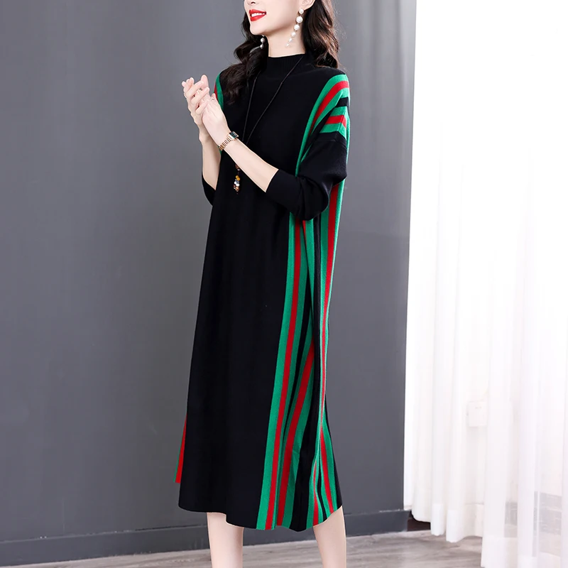 

2023 New Fashion Knitted Dress Women's Autumn/Winter Solid Vintage Bottom Long Sleeve Loose Fit Holiday Travel Dress Vestidos