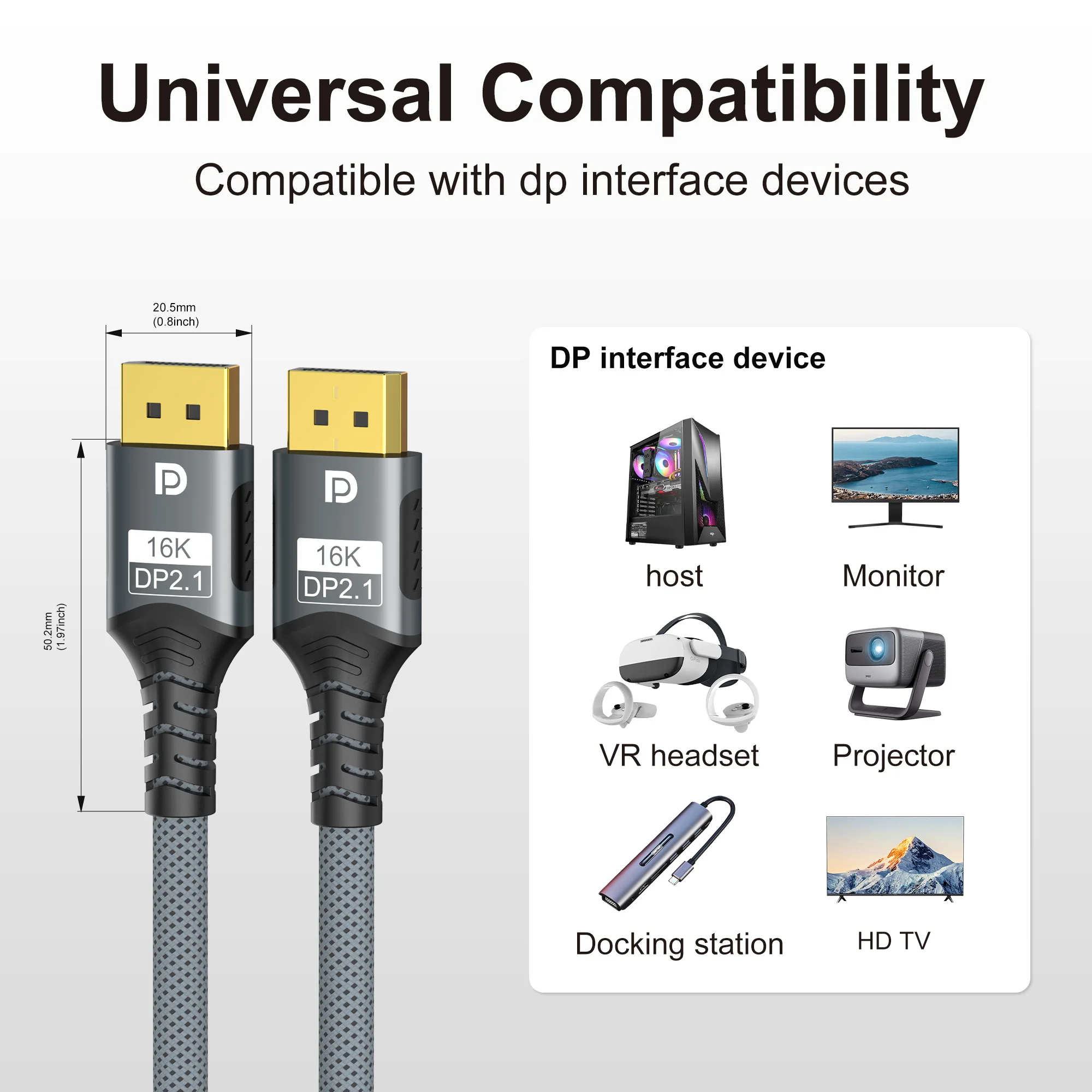 Ultra High-Speed Nylon DisplayPort 2.1 Cable, 16K@30Hz, 8K@120Hz, 4K@240Hz, 54Gbps, Bidirectional Connectivity