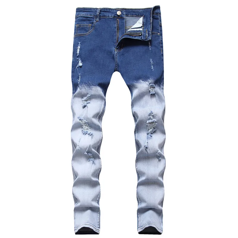 

2023 Men's Two-Tone Casual Jeans Teenagers Water Washed Hole Jeans