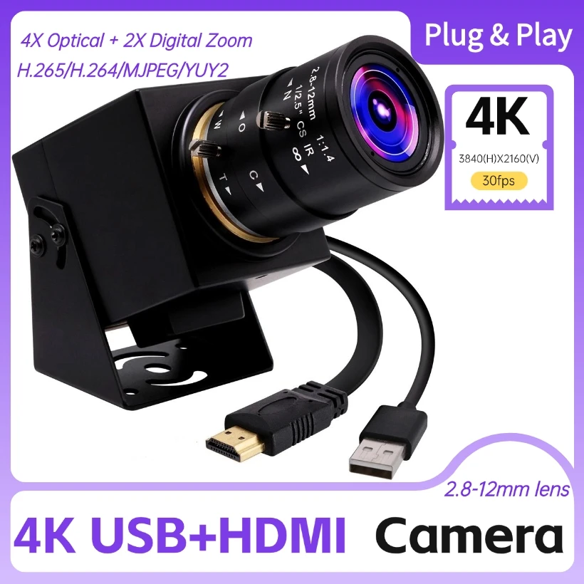 ELP 4K 30fps HDMI USB Camera H.265/H.264 4X Optical Zoom USB PC Webcam with 2.8-12mm Manual Varifocus Lens for Live Streaming