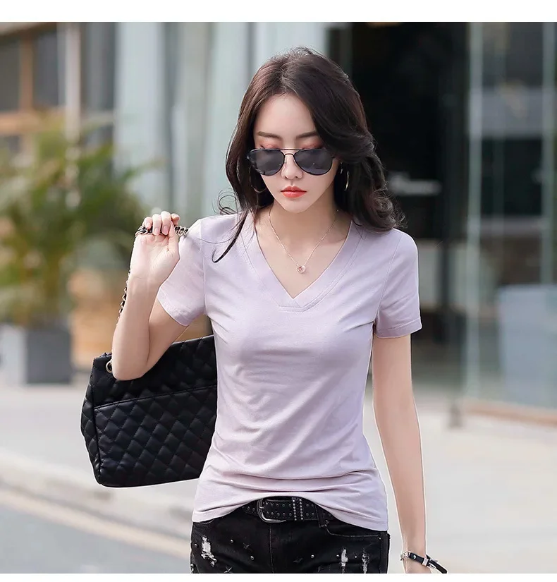 White V-neck Sleeved T-shirt for Women's Summer Wear 2024 New Korean Version Loose Half Sleeved T-shirt Short Upper Garment