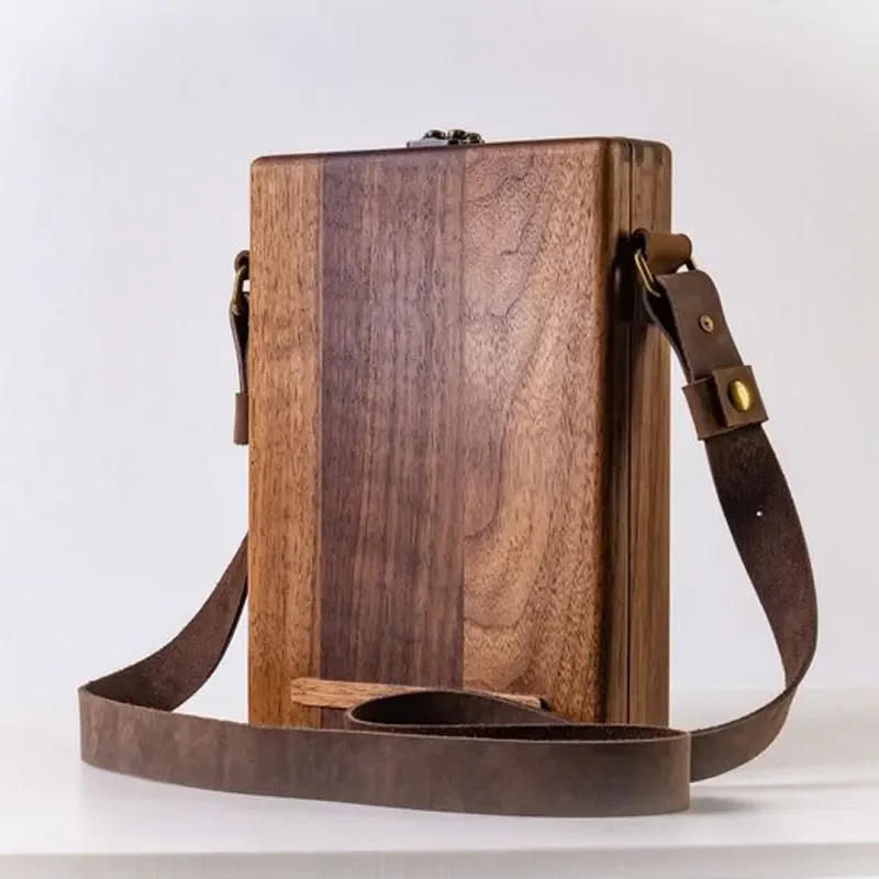 Writers Messenger Wood Box Multi-Function Artist Tool and Brush Storage Box Retro Wooden Handmade Portable Crossbody Postman Bag