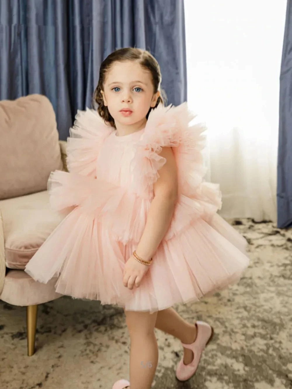 

Peach Pink Flower Girl Dresses Tulle Ruffles Baby Kids Birthday Wedding Party Dress Knee Length Tiered First Communion Ball Gown