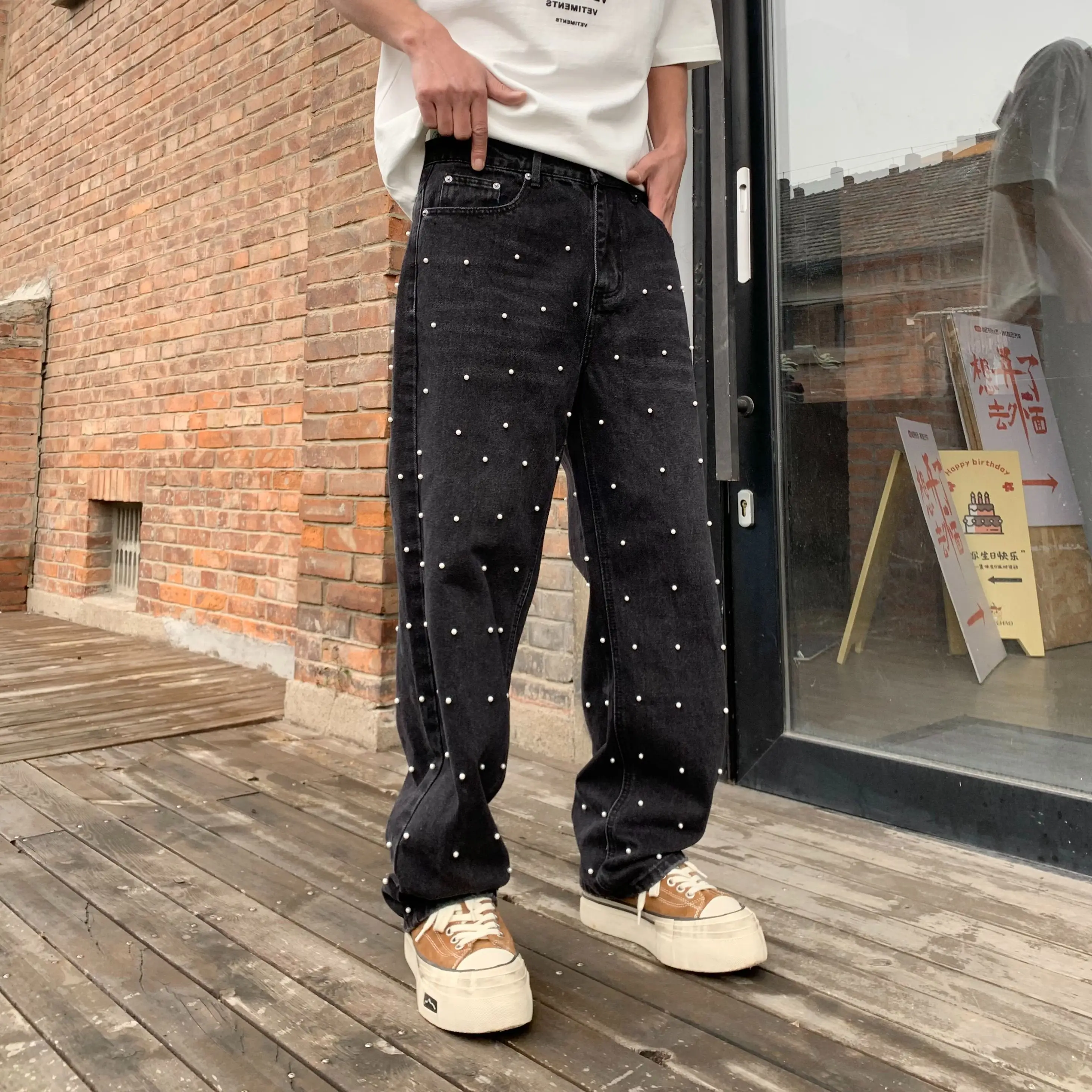Pearls Black Wide Jeans Men Street Wear Mid Rise Heavy Weight Pants Man New Y2k Trousers 2