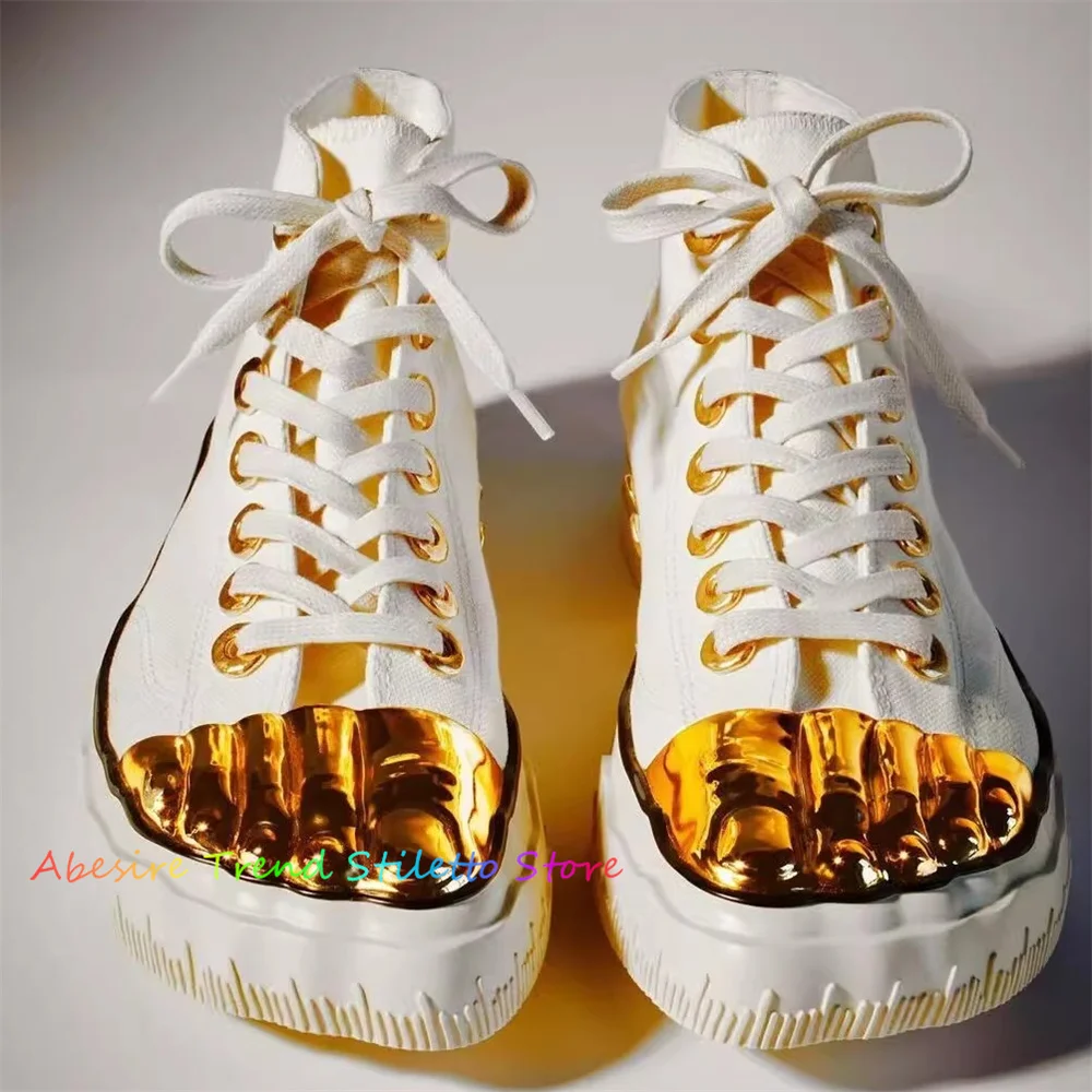 Gold Five Fingers Beige Sole Canvas Sneakers Cross Tied Women Shoes High Top New Trendy Banquet Runway 2024 Women Shoes