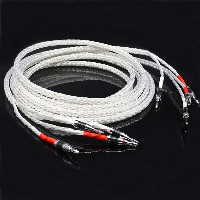 Pair 8AG Silver Plated 8N OCC HiFi Speaker Cable Cord Carbon