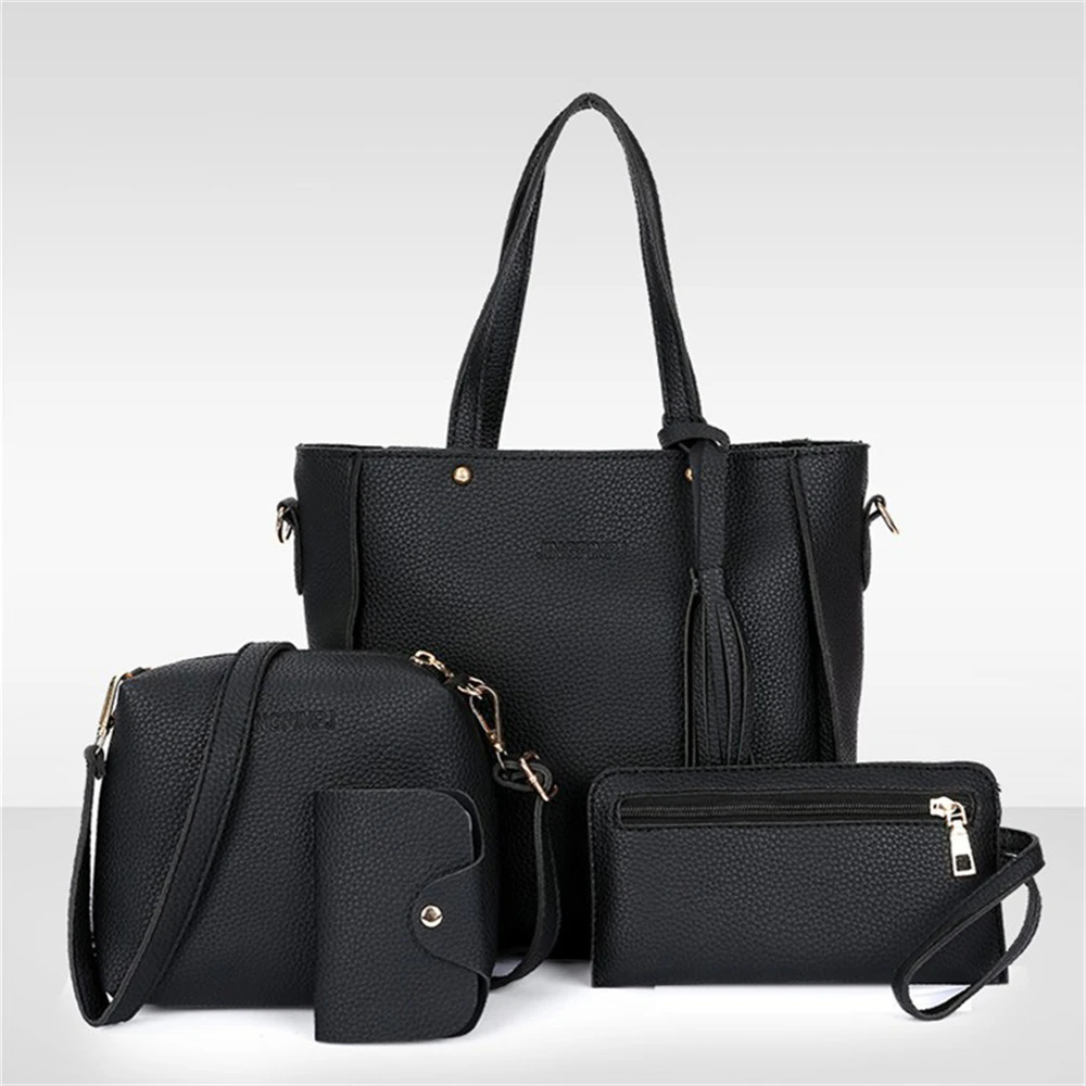 

4pcs/Set Fashion Tassels Decoration Pu Leather Shoulder Bag Crossbody Bag Handbag Purse Wallet Solid Color Women Bag Combos 2024