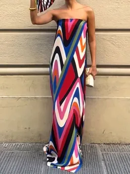 Abito lungo chic semplice con stampa da donna estiva, abito da festa senza maniche patchwork, abito da donna sexy senza spalline 2025 Vestido 1