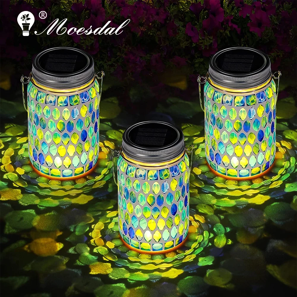 Solar Mosaic Lamp Waterproof Table Lamp Outdoor Hanging Lantern Mason Jar Lamp Garden Yard Trees Festival Party Decoration