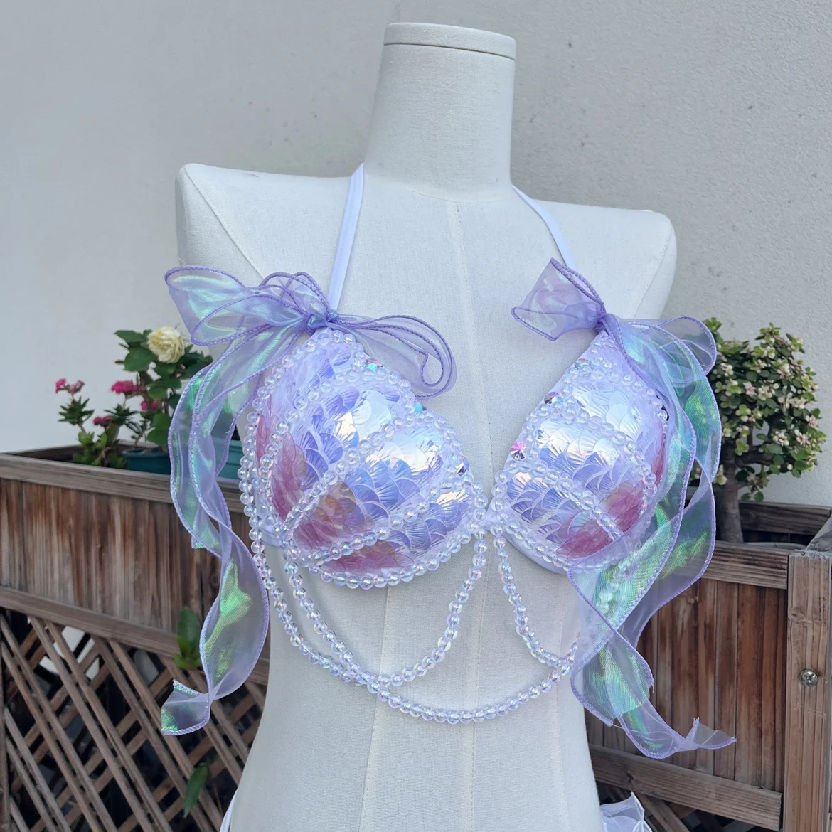 Bikini Mermaid Role Play Bra Aquarium Beach Corset Sequin Triangle Lace Up Bra Mermaid Performance Bra 1