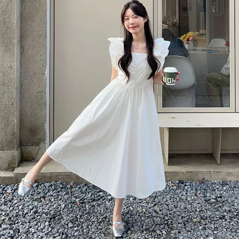 Summer-Fashion-Square-Collar-Flying-Sleeve-Elegant-Dresses-Solid-Korean ...