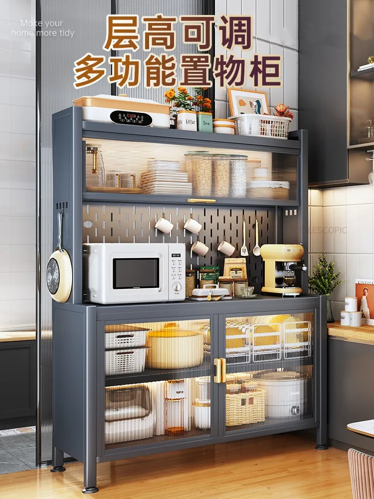 Kitchen shelf with cabinet door, floor multi-storey storage cabinet,  multifunctional microwave oven, pot, oven, cabinet storage - AliExpress