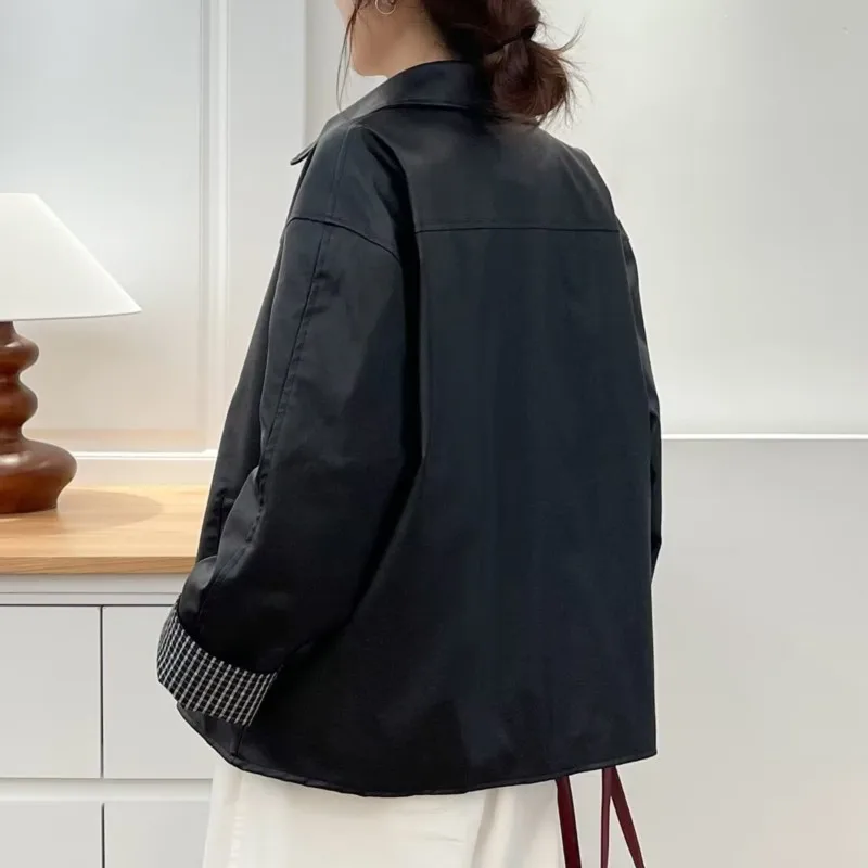 Fashion Plus Size Women's PU Leather Jacket Autumn New Style Plaid Cuffs Casual Loose Black Zipper Coat 2532