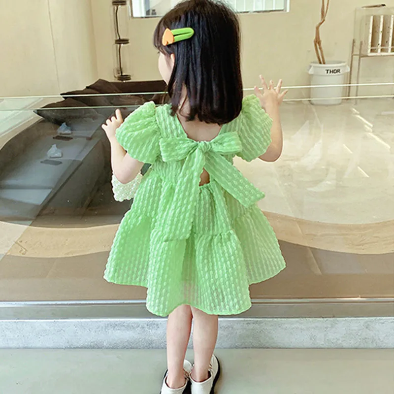 

New Design 2022 Toddler Clothing Summer Green Puff Sleeve Dress Korean Kids Fashion Big Bow knot Princess Dress For 2-8 Years