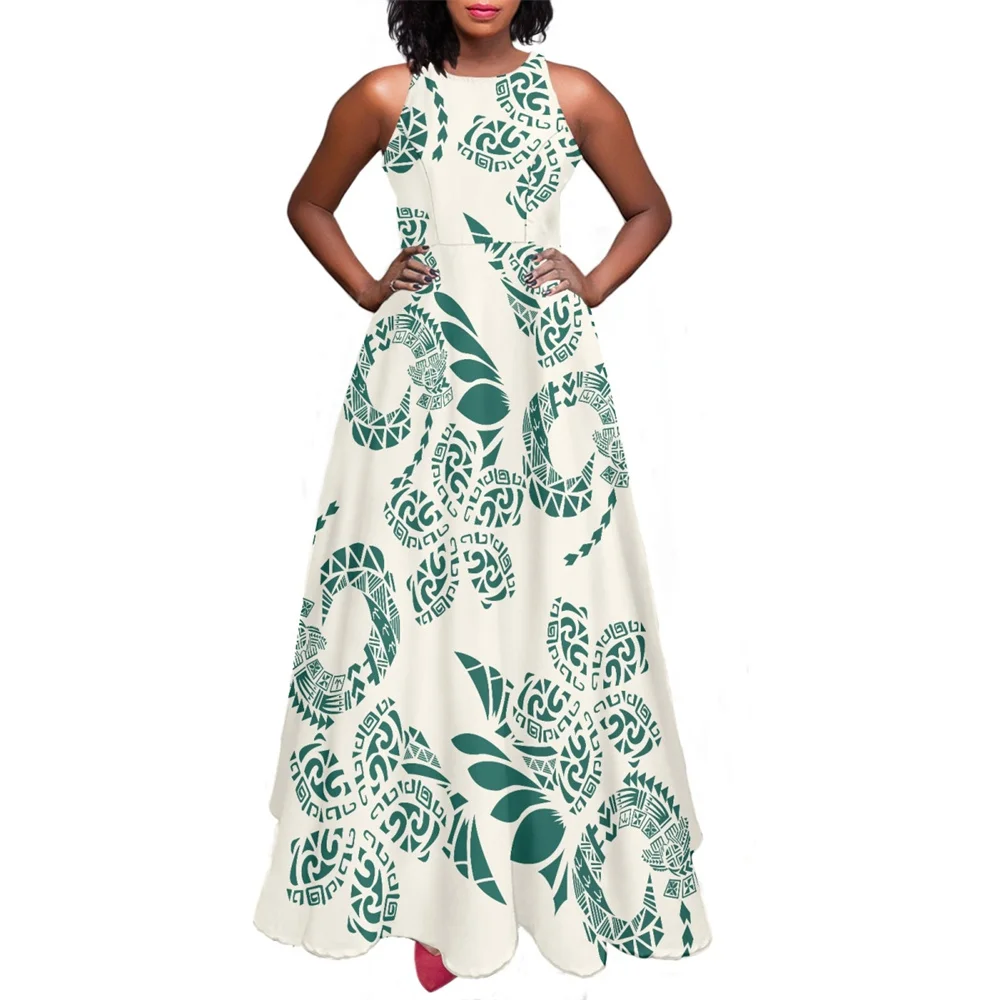 

Ladies Casual Maxi Dress Women Clothing Polynesian Tribal Tongan Tapa Flower Print Sleeveless Women Long Dress Beach White