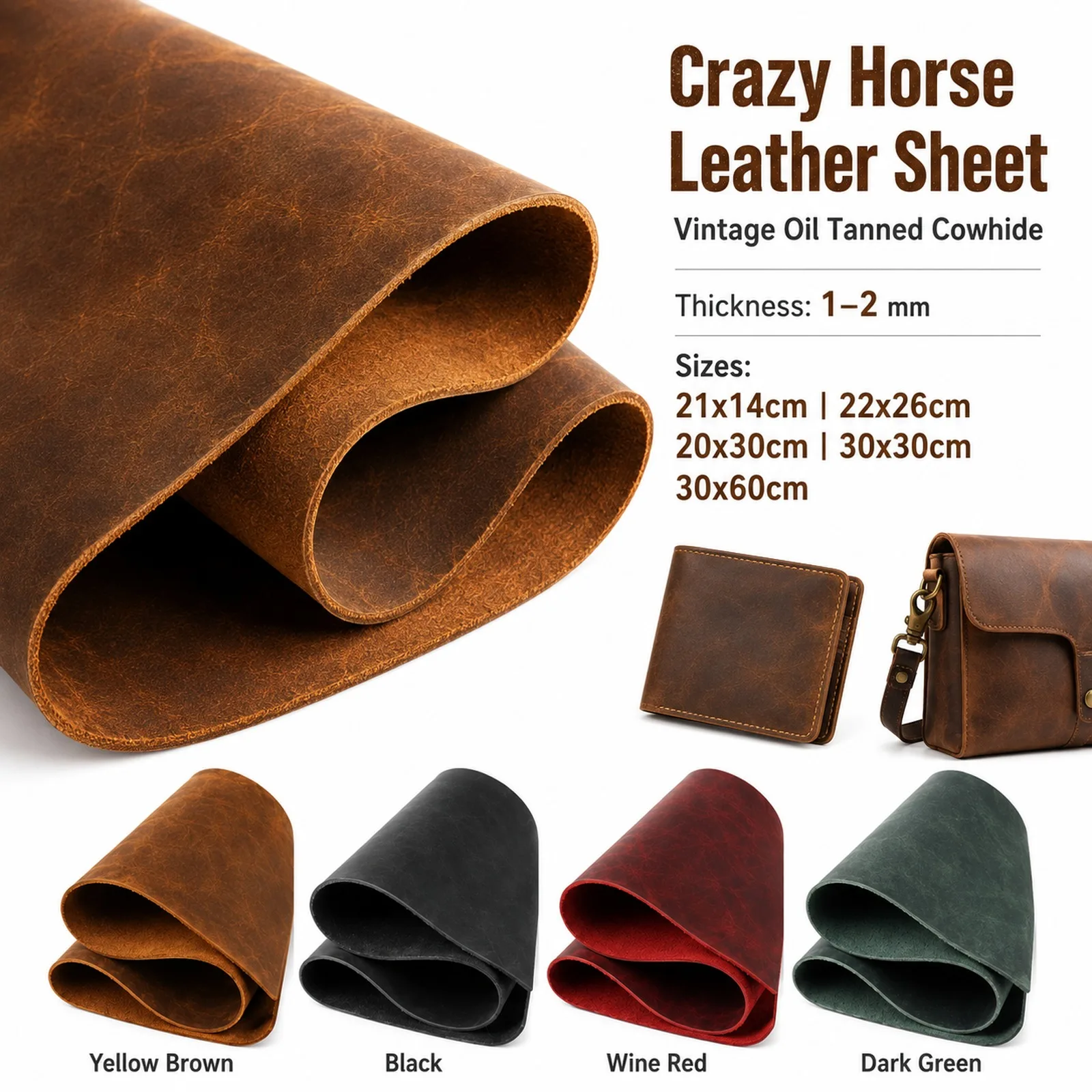 Premium Crazy Horse Leather - Handmade DIY Top Layer Cowhide, Oil Wax Retro Finish, Genuine 1-2mm Thickness