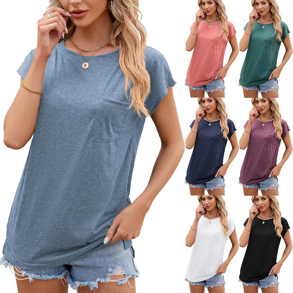 

Spring/Summer Women's Round Neck Short Sleeve Loose Pocket T-Shirt