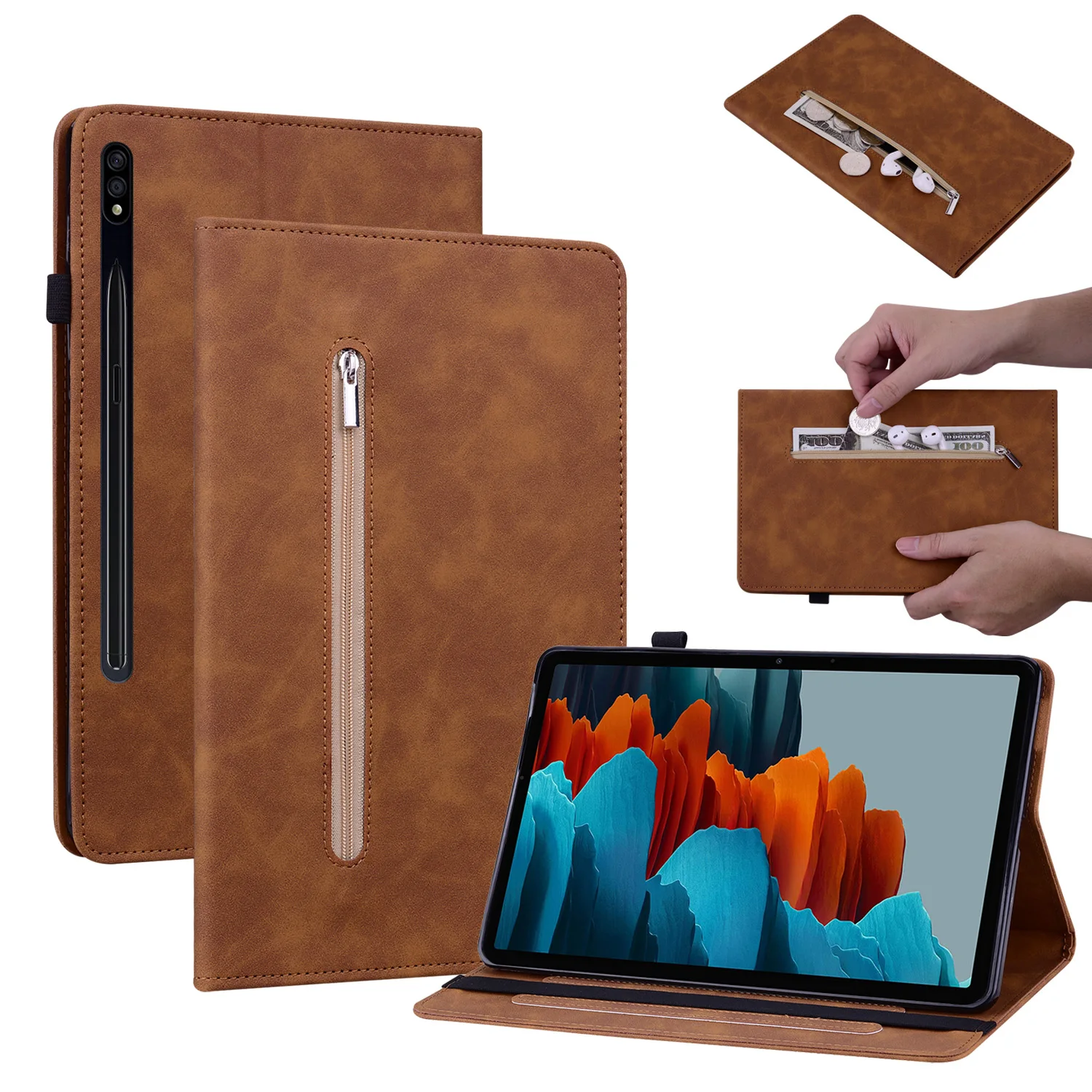 

PU Leather Zipper Wallet Case For Samsung Galaxy S9 S8 S7 Plus S7 FE 12.4 A8 A7 Lite S6 Lite S5E T580 T510 T290 Tablet Cover