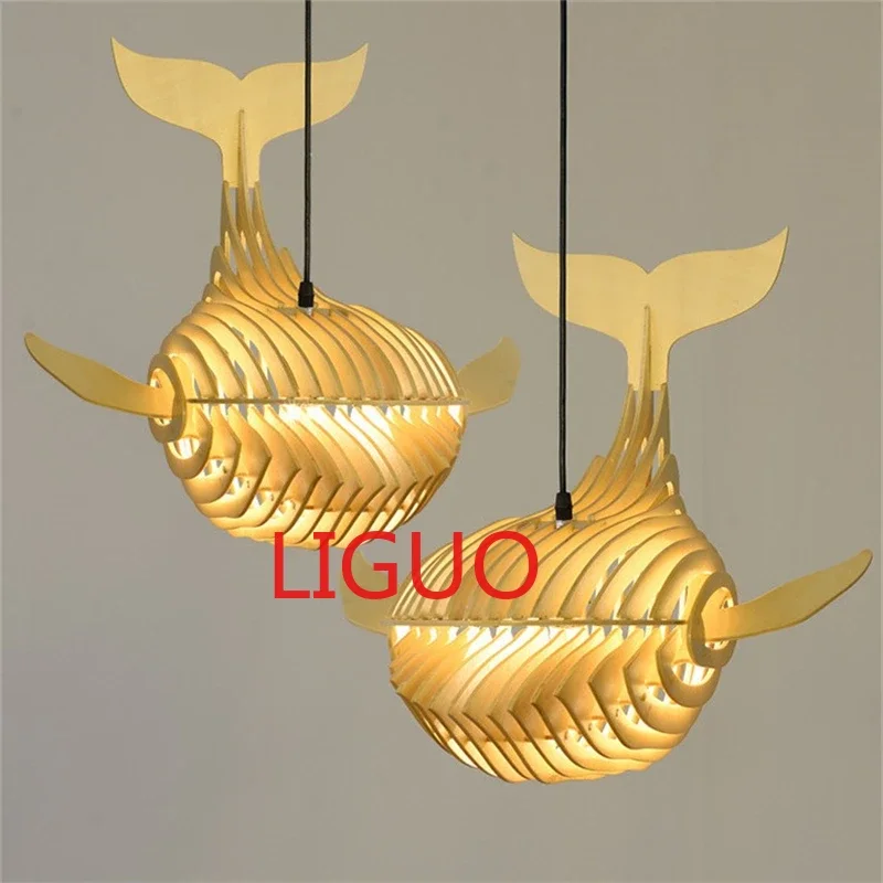 

Modern Wooden Art Pendant Lights Whale Wood Lamp Restaurant Fish Pendant Lamp for Kids Room Hanging Kitchen Lamp Light Fixtures