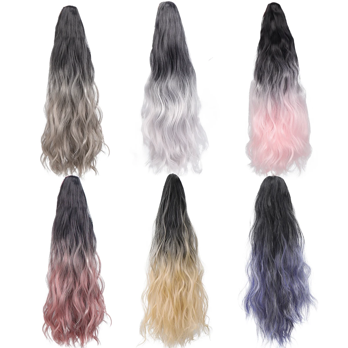 Synthetic water ripple clip ponytail gradient multicolor women's ponytail hair extension wig heat-resistant 18 inches
