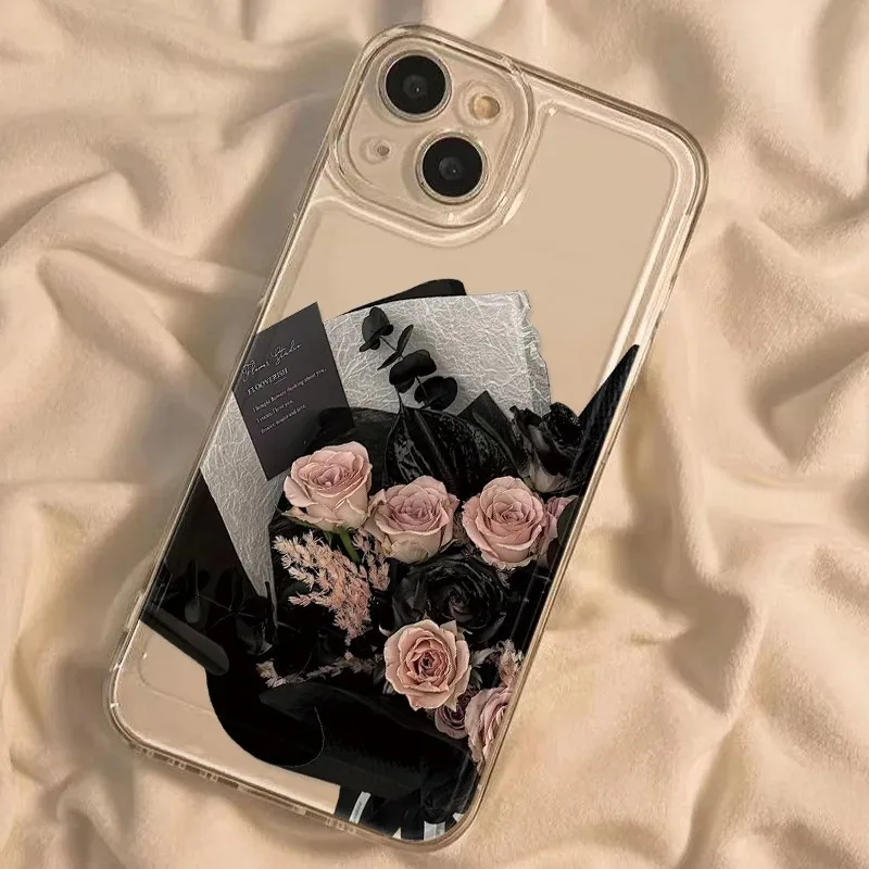 Elegant Black Floral Clear Case with Rose Design - Soft Protective Phone Cover