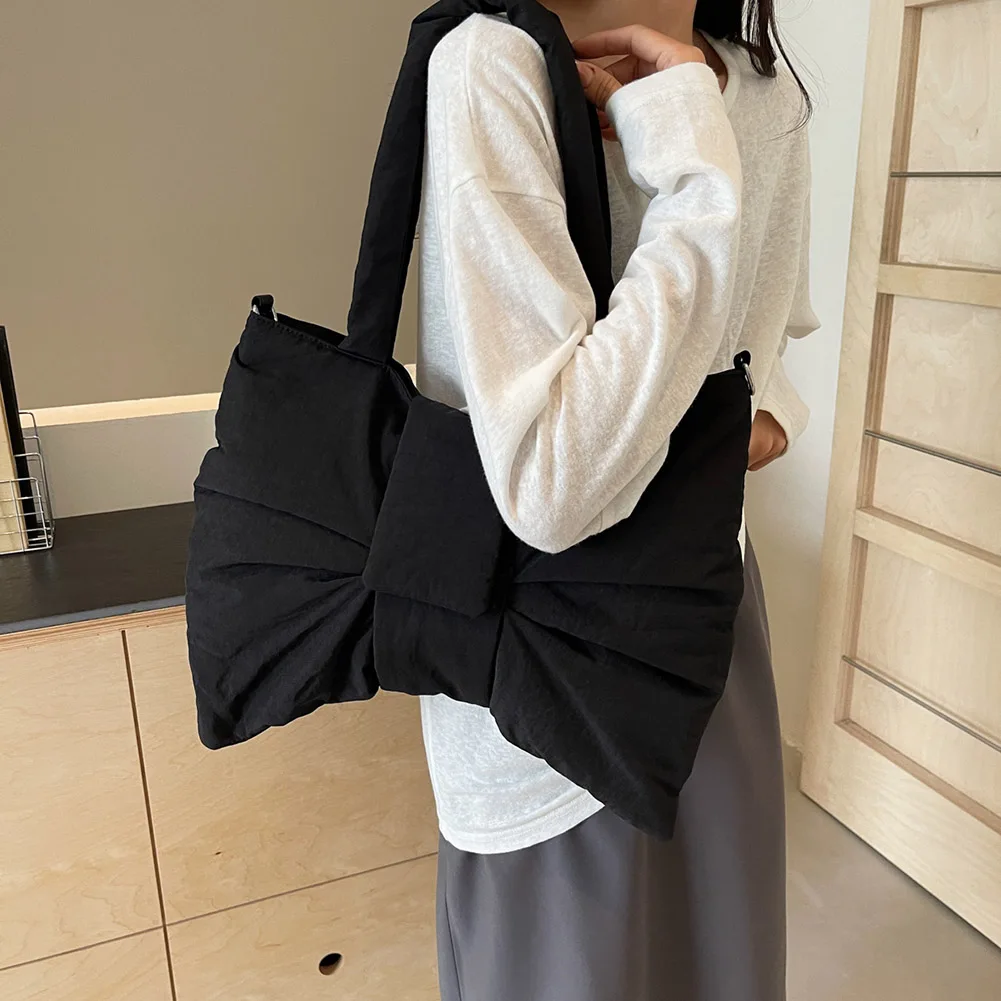 Nylon Puffer Shoulder Bag Women Bowknot Tote Bag Adjustable Strap Female Puffy Handbags Purse Causal Crossbody Messenger Bag
