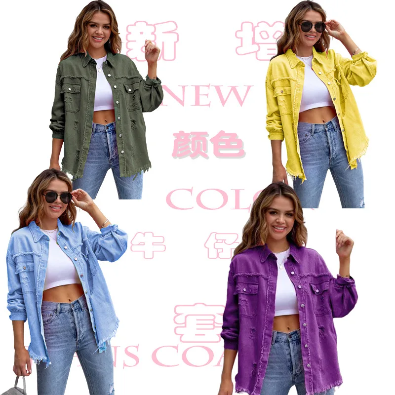 Women Pocket Hole Tassel Turndown Collar Denim Button Casual Boho Full Long Sleeve Spring Winter Cardigan Jacket Coats Outerwear